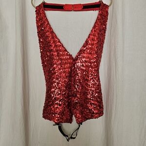 Vintage Santana Mens Large Red Sequin Vest & Cummerbund Tux Formal Valentines Da